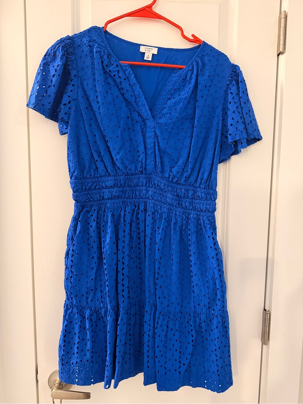 crown & ivy Cobalt Blue Eyelet V-Neck Mini Dress